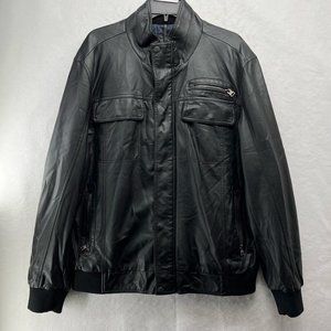 Calvin Klein Moto Jacket Men's Sz L Black Ribbed Trim Faux Leather Flap Pockets